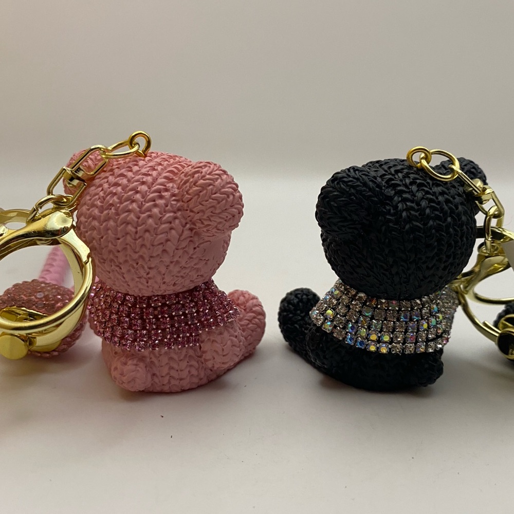Rhinestone Teddy Bear Keychain Set Pink & Black | Bling Bag Charm Duo - Picture 2 of 7